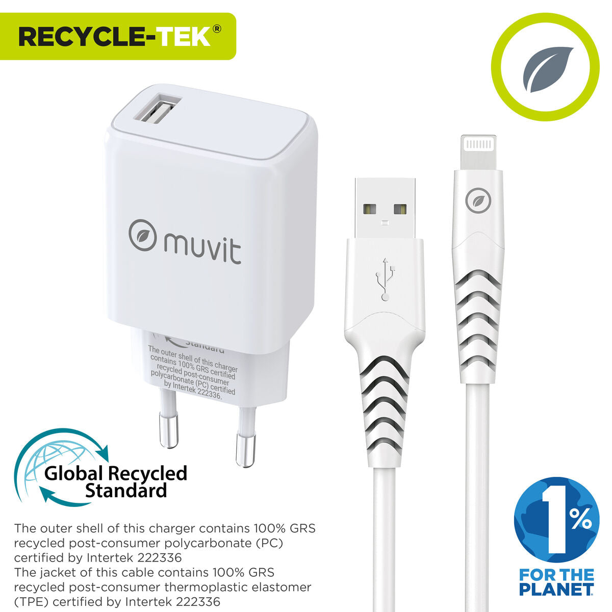 Wall Charger + USB A to USB-C Cable Muvit for Change SN-TC170DS1E150A + DC-006 White 12 W