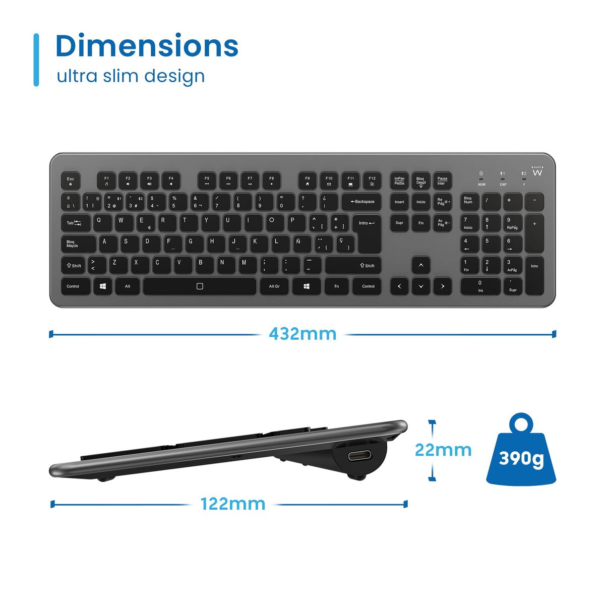 Keyboard Ewent EW3296 Black Grey Spanish Qwerty AZERTY