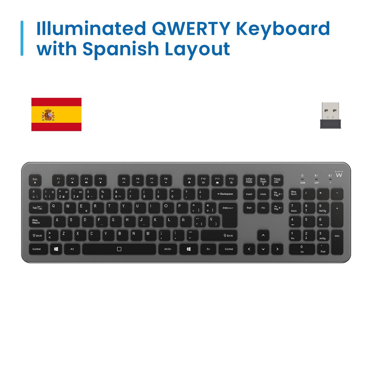 Keyboard Ewent EW3296 Black Grey Spanish Qwerty AZERTY