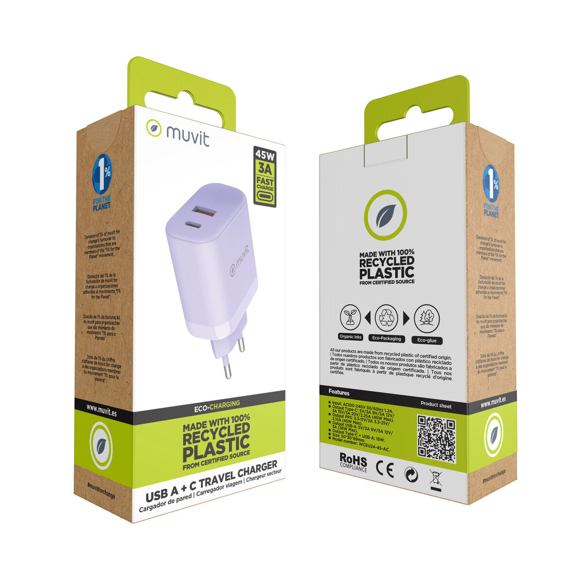 Wall Charger Muvit for Change WCEU24-45-AC Lavendar 45 W