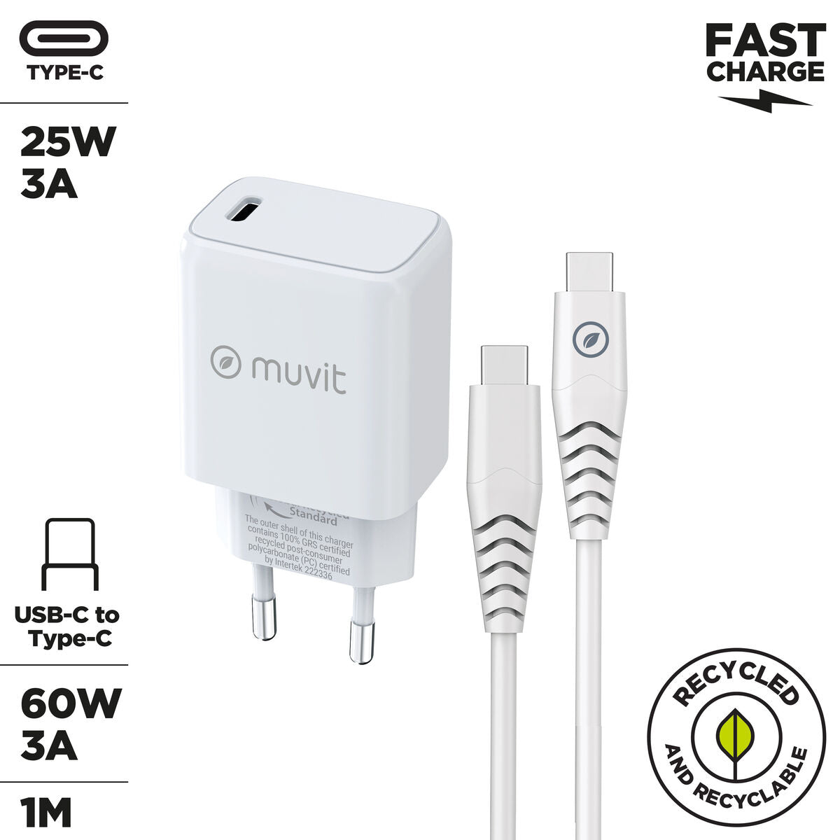 Wall Charger + USB-C Cable Muvit for Change White