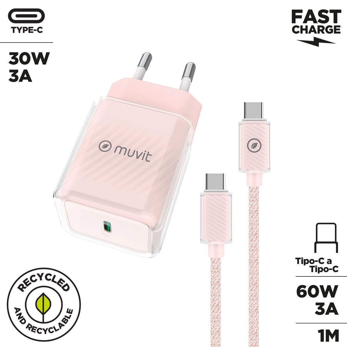 Wall Charger + USB-C Cable Muvit for Change Glass GaN Pink
