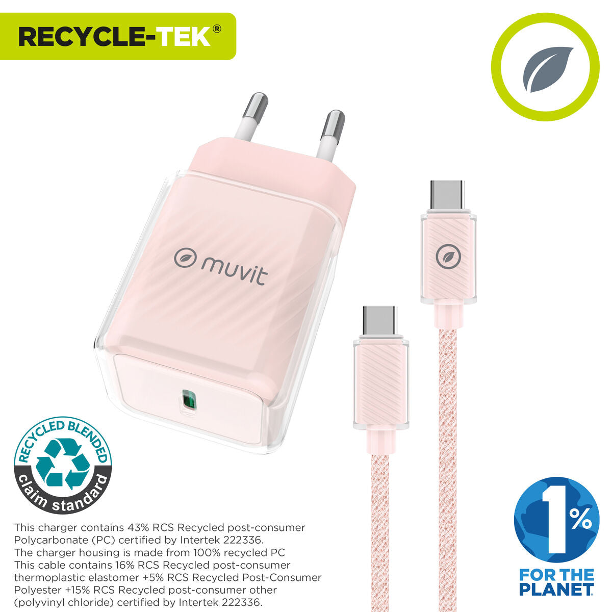 Wall Charger + USB-C Cable Muvit for Change Glass GaN Pink