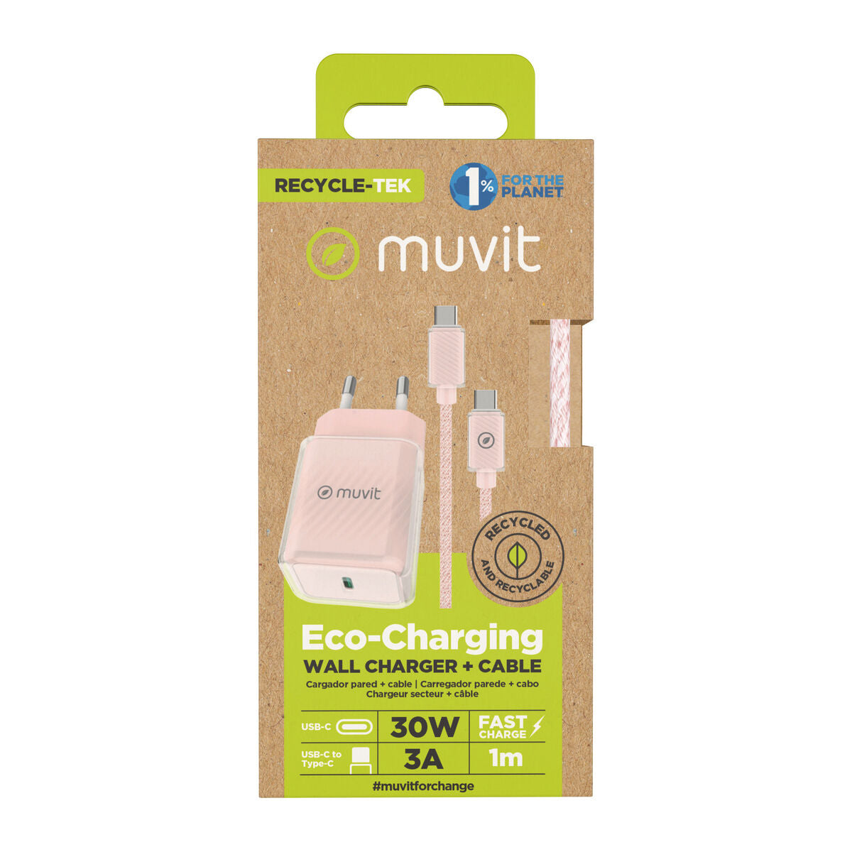 Wall Charger + USB-C Cable Muvit for Change Glass GaN Pink