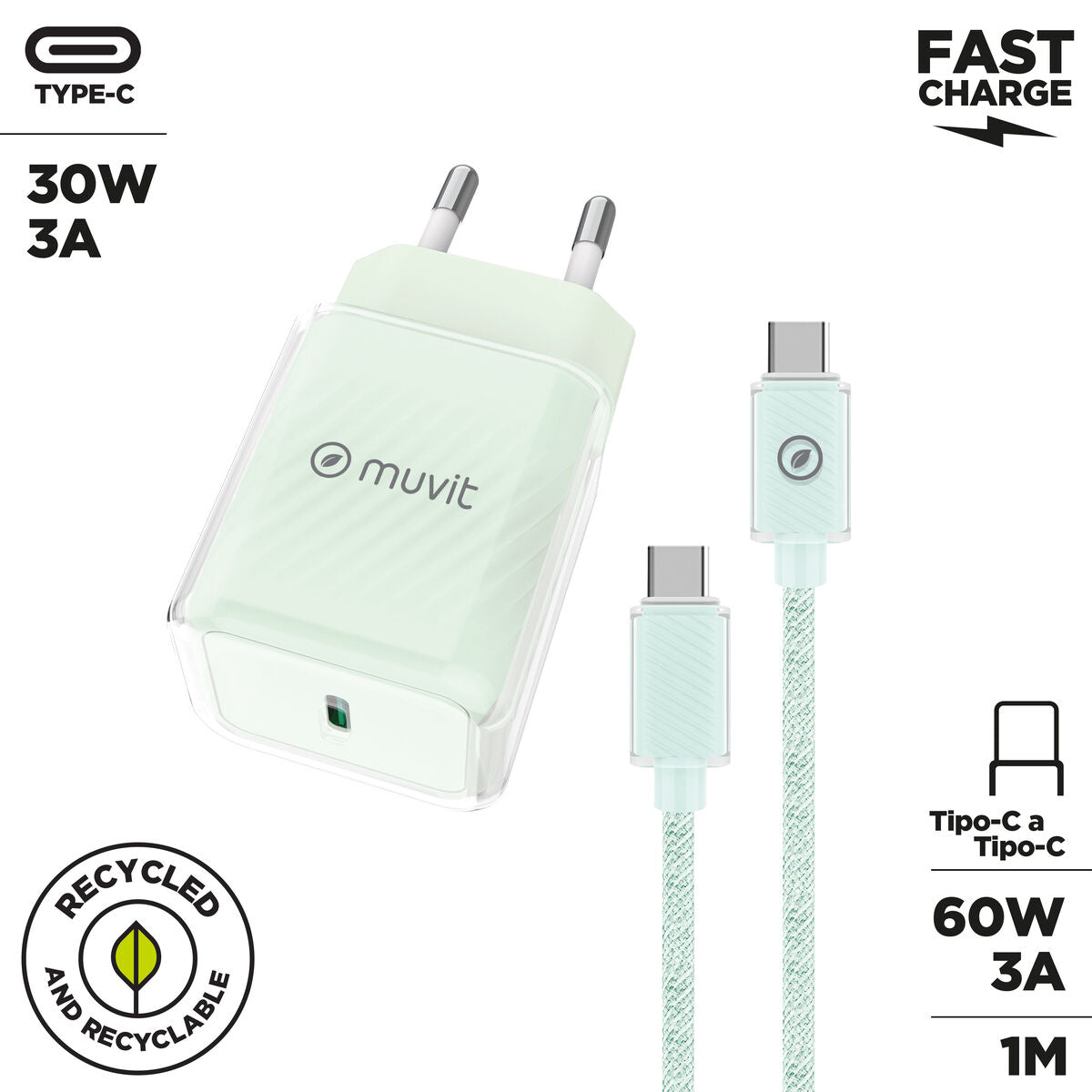 Wall Charger + USB-C Cable Muvit for Change Glass GaN Green