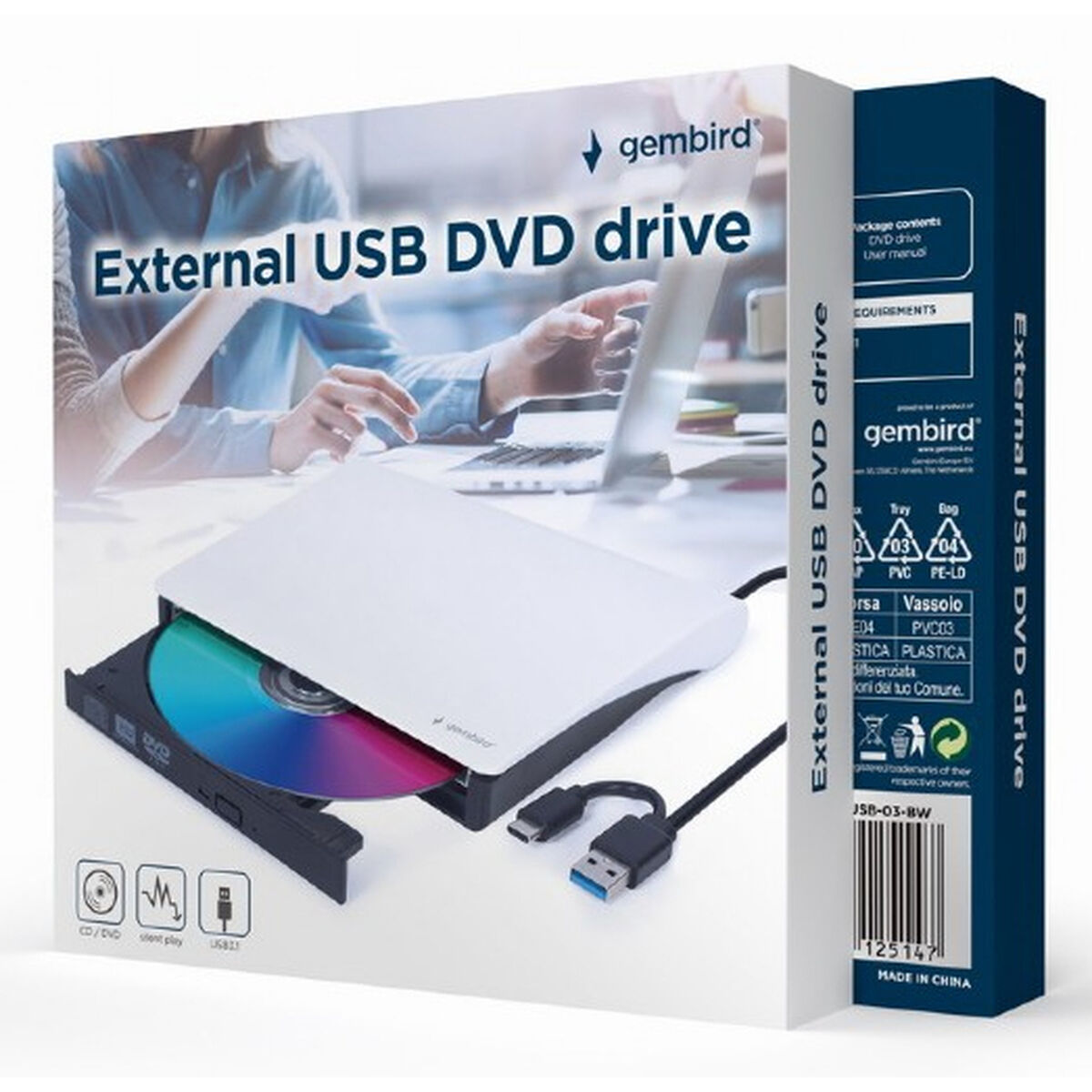 External Recorder GEMBIRD DVD-USB-031-BW DVD-R 8x, DVD-R DL 8x, DVD-RW 8x, DVD-ROM 8x, DVD-RAM 5x, DVD+R 8x, DVD+R DL 8x, DVD+RW