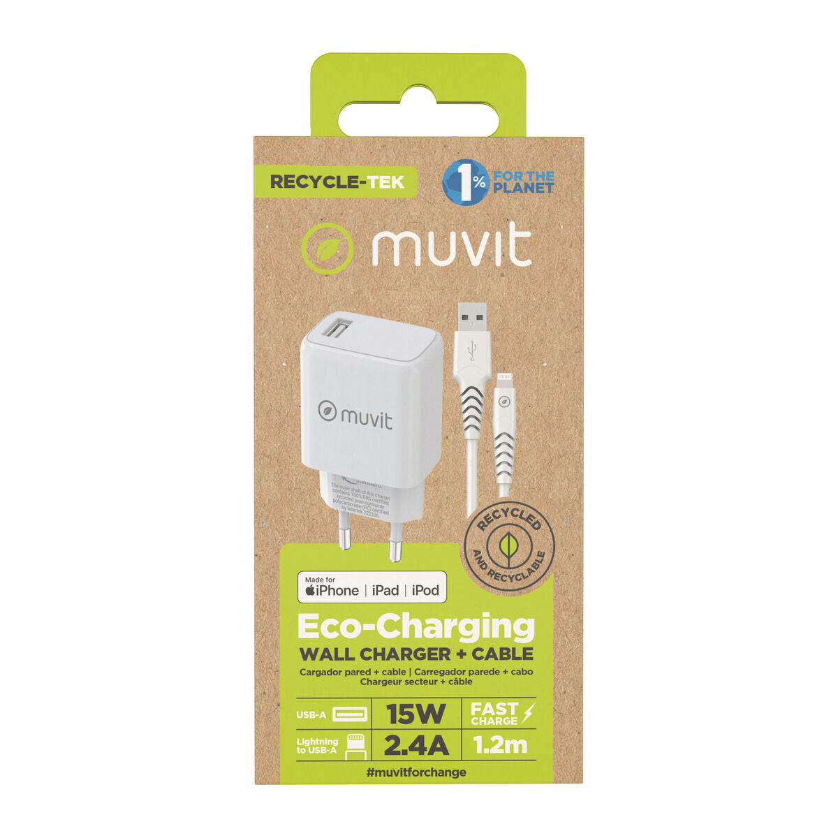 Wall Charger + USB A to USB-C Cable Muvit for Change SN-TC170DS1E150A + DC-006 White 12 W