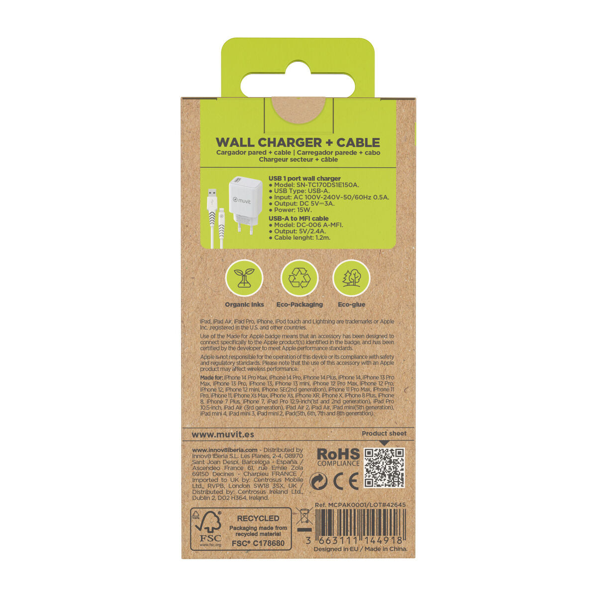 Wall Charger + USB A to USB-C Cable Muvit for Change SN-TC170DS1E150A + DC-006 White 12 W