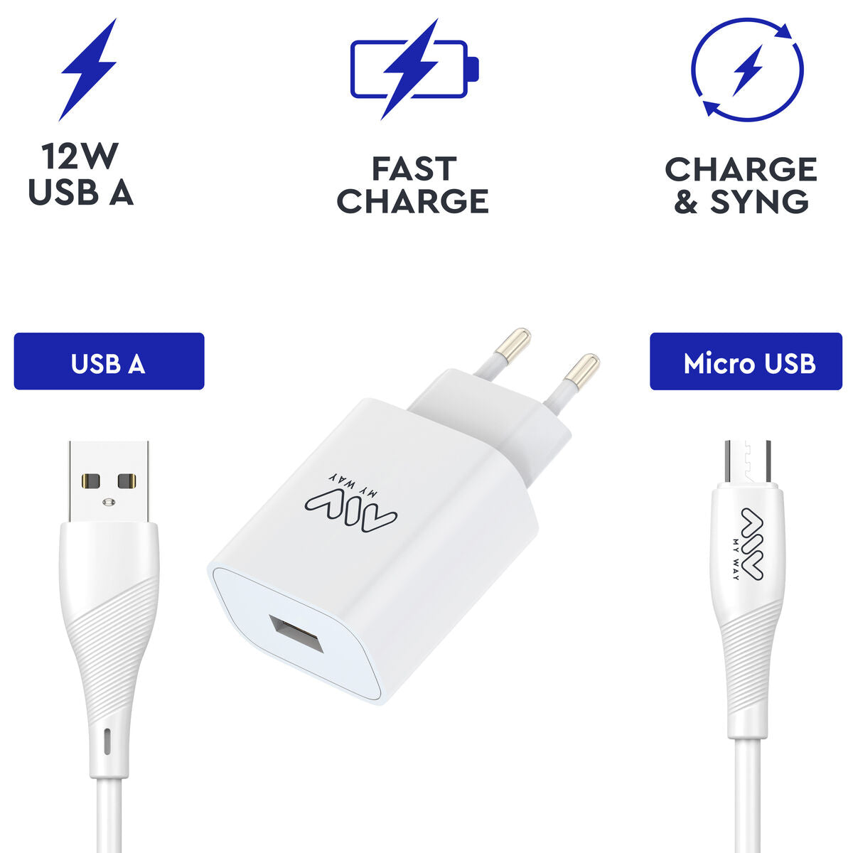 Wall Charger + USB A to USB-C Cable Myway White 12 W