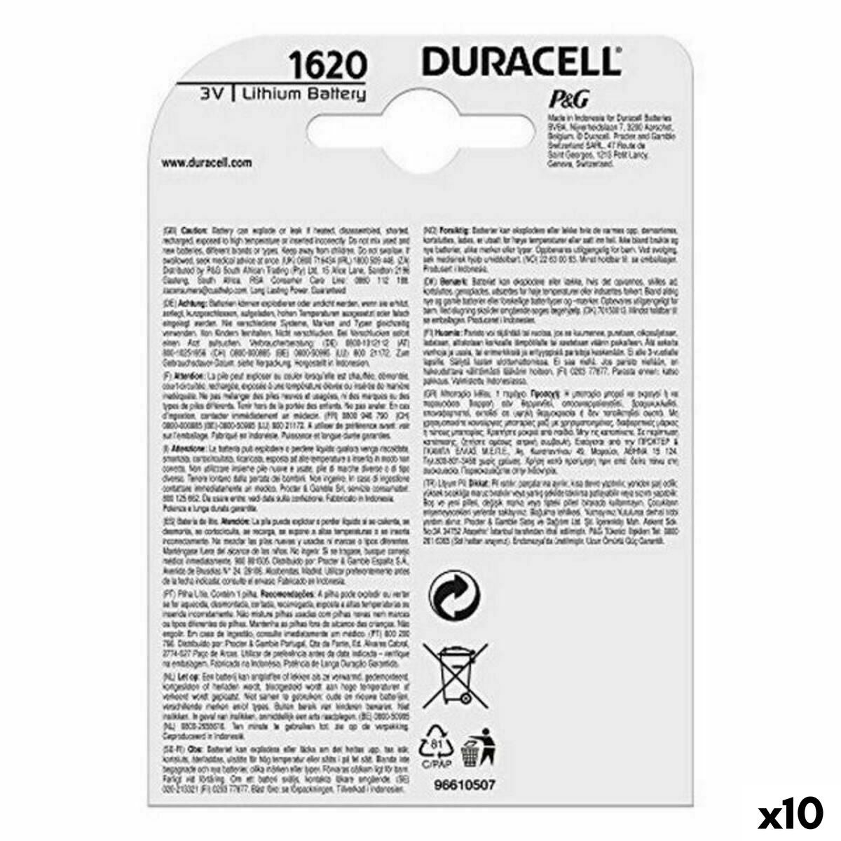Lithium Button Cell Battery DURACELL DL1620 3 V (10 Units)