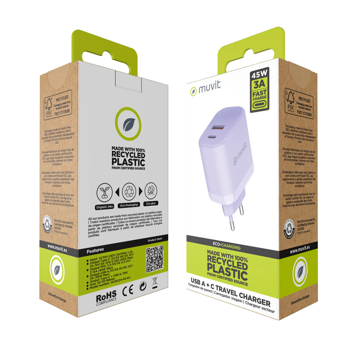 Wall Charger Muvit for Change WCEU24-45-AC Lavendar 45 W
