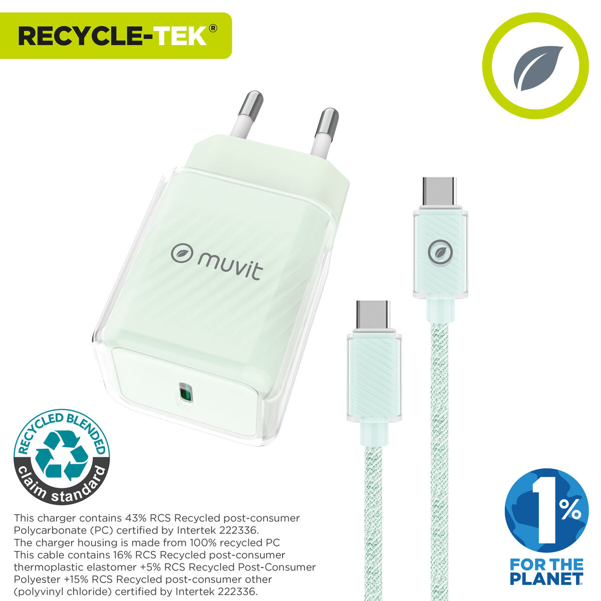 Wall Charger + USB-C Cable Muvit for Change  Glass GaN Green
