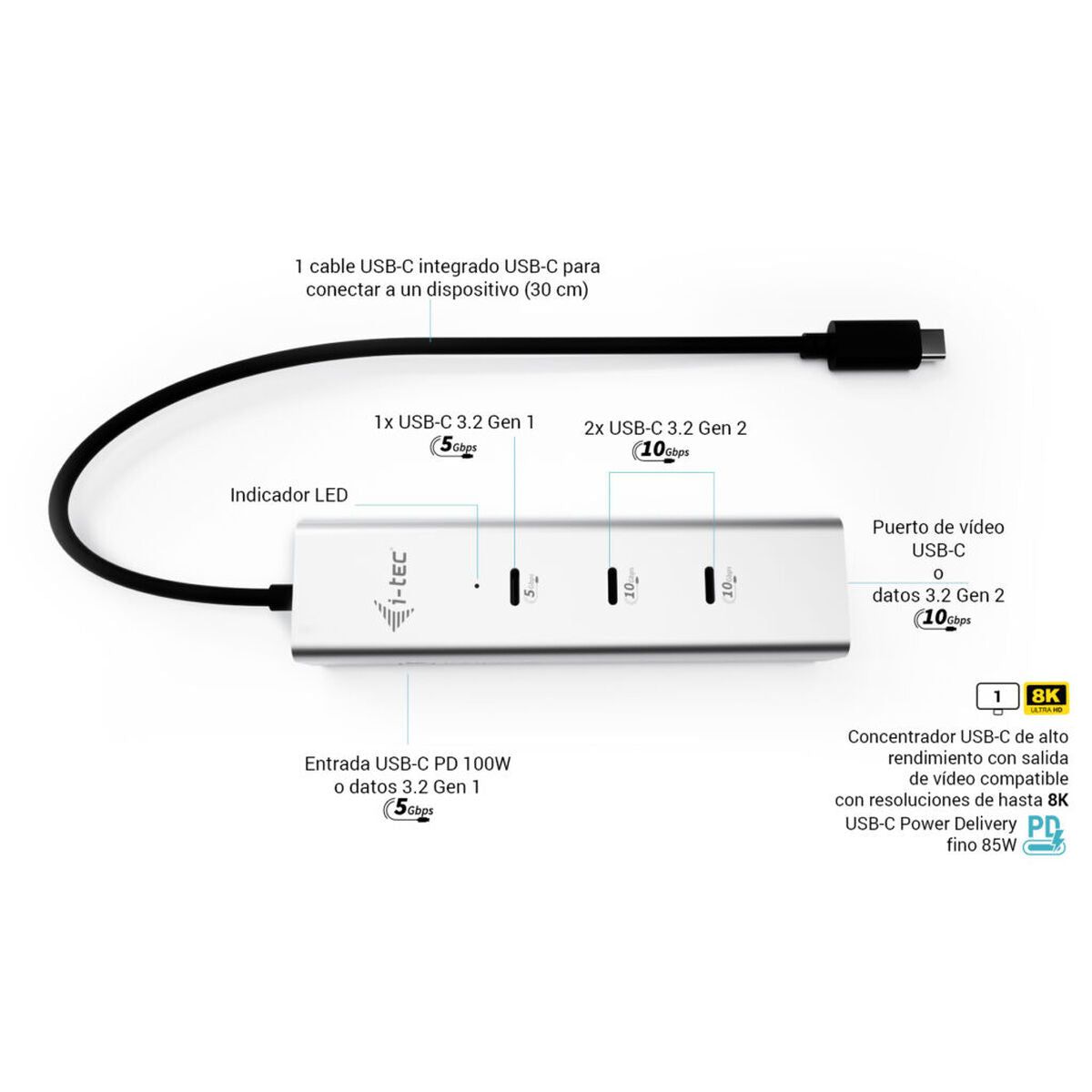 USB Hub i-Tec C31HUBMETAL8KPDPRO Silver