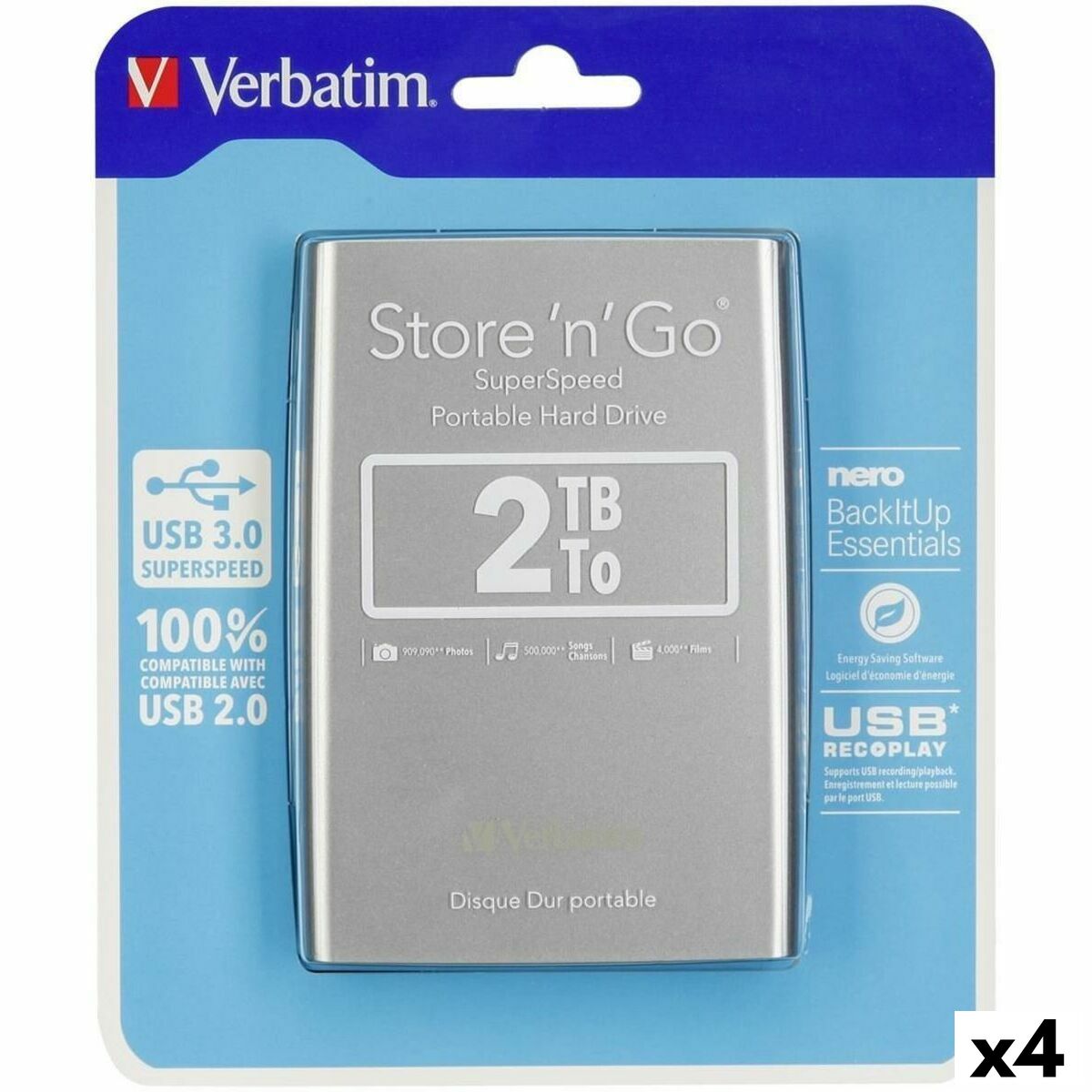 External Hard Drive Verbatim STORE 'N' GO Black Silver HDD 2 TB (4 Units)