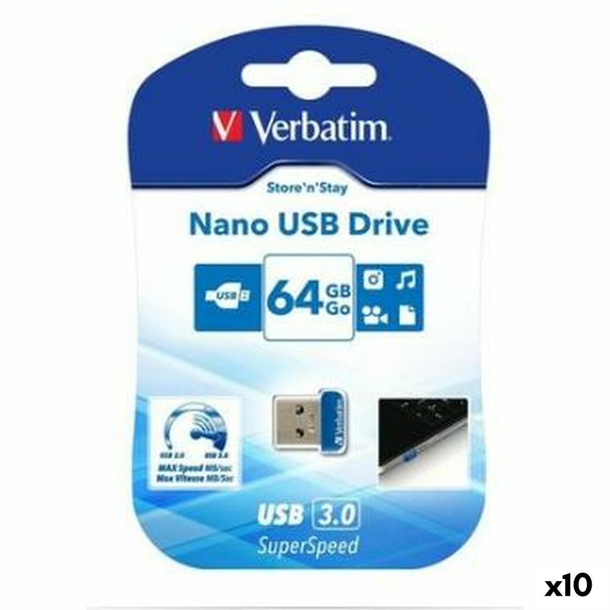 USB stick Verbatim NANO STORE'N'STAY Blue Black 64 GB (10 Units)