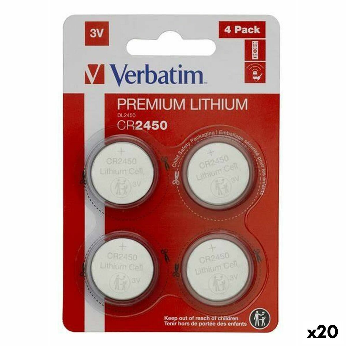 Lithium Button Batteries Verbatim CR2450 (4 Pieces) (20 Units)